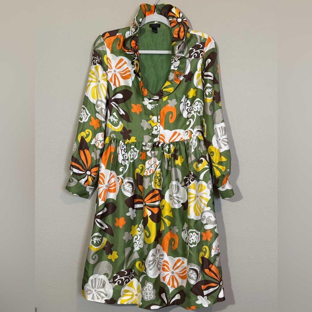 J.Crew Collection Bahia Floral Silk Twill Ruffle Dress Botanical Green Size 10
